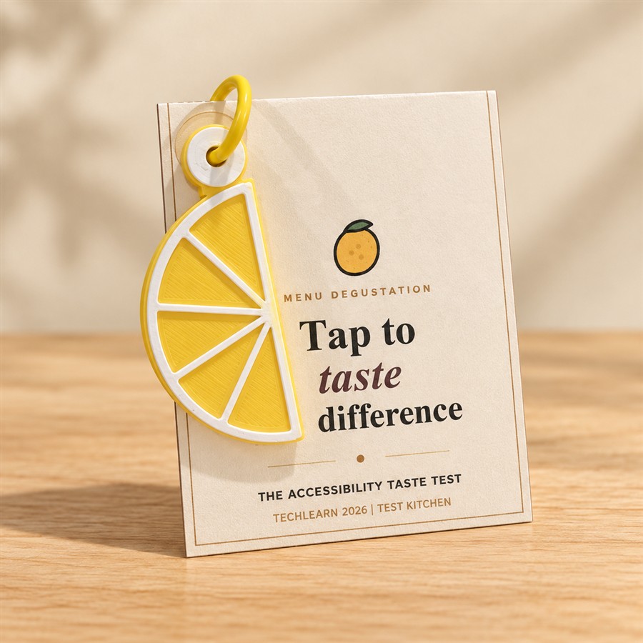 A 3D-printed lemon-slice keychain clipped to a card for The Accessibility Taste Test at the TechLearn 2026 Test Kitchen